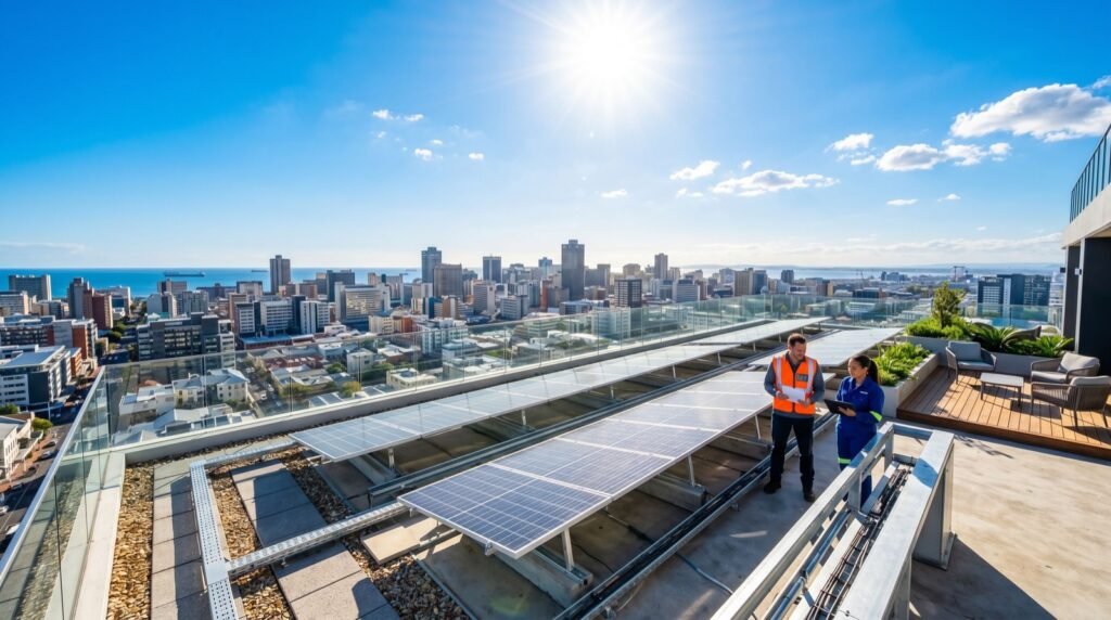 Rooftop solar panels under the bright midday sun